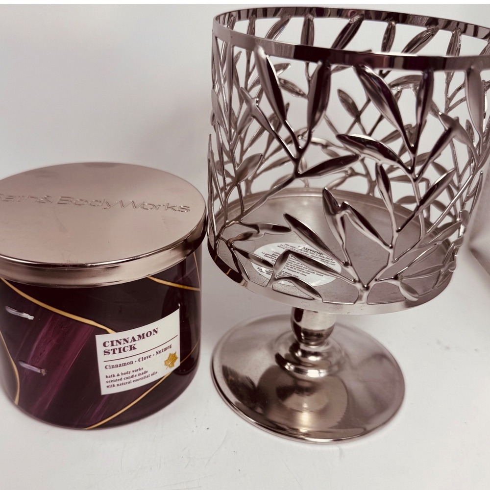 Bath & Body Work Cinnamon Stick 3WickCandle and Silver Leaf Pedestal Holder New